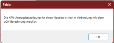 Fehlermeldung für Neubau ohne LCA-Daten